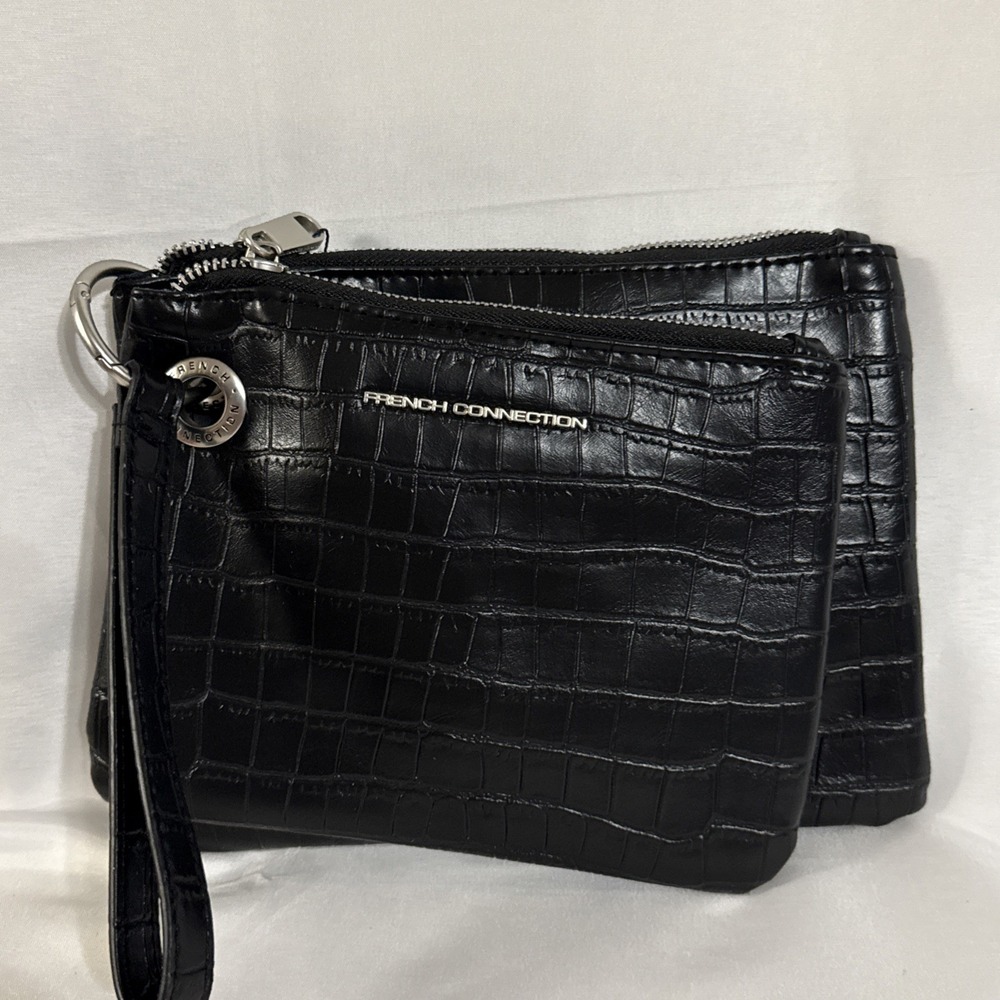 French Connection Black Dale Croco Double Pouch Wristlet NWT